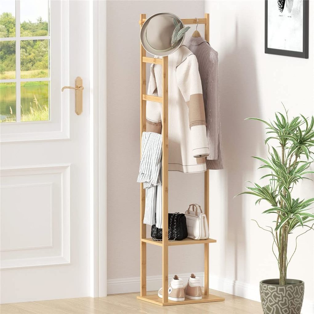 Corner Coat Rack Bamboo Coat Rack with Shelves, with 2 Shelves 3 Hanger Hooks and Pants, Hanger Bamboo Clothing Rack