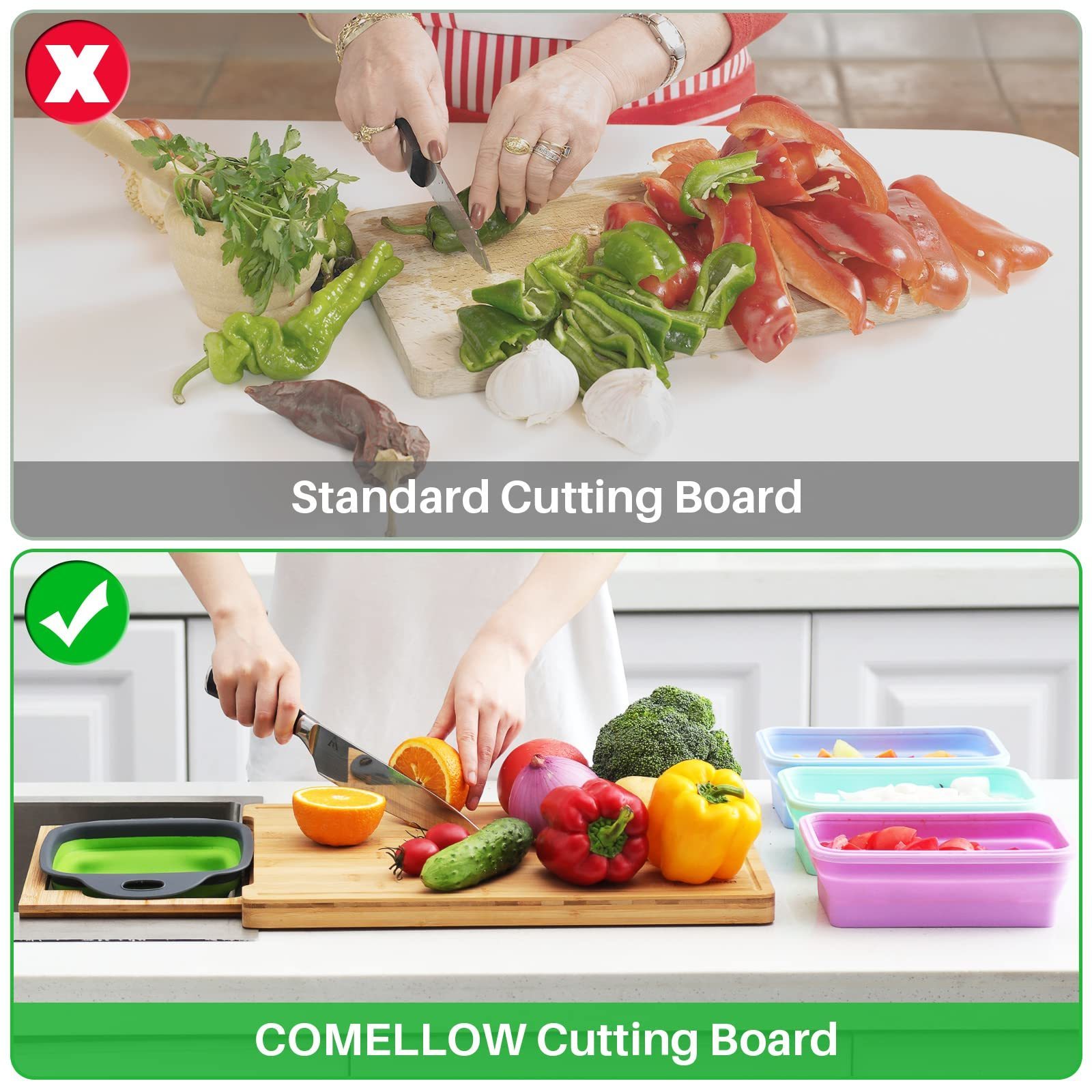 Expandable Bamboo Cutting Board With ContainersOver The Sink Cutting Board For Kitchen Meal Prep deck For Food