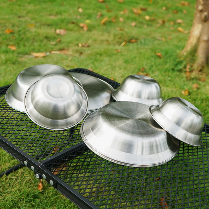 Outdoor stainless steel dinner plate bowl 16pcs set camping self-driving portable barbecue plate home tableware set custom logo