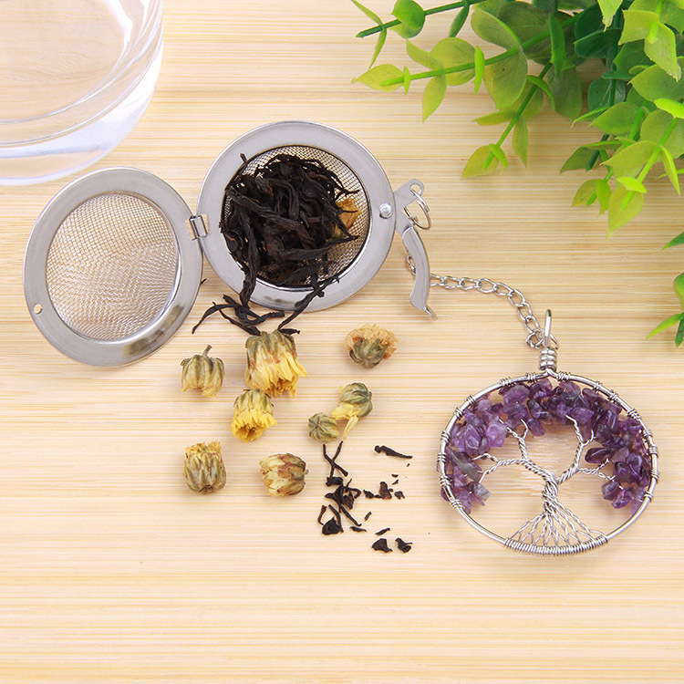 Healing Energy Crystal Tea Infuser Chakra Tree of Life 304 Stainless Steel Ball Mesh Tea Strainer Ball Filter with Extend Chain