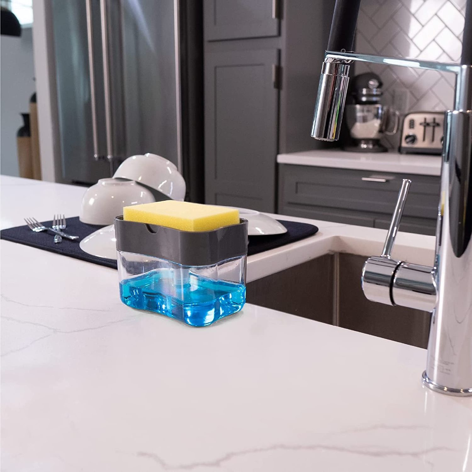 Plastic Dish Soap Dispenser and Sponge Holder for Kitchen Sink with Sponge