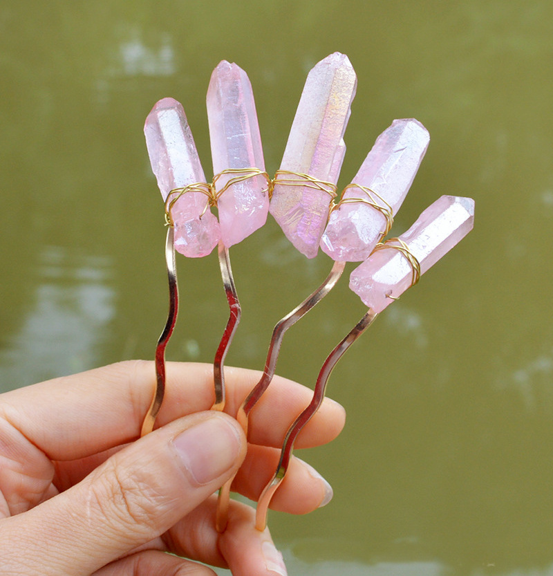 Handmade Crystal Quartz Comb Mystic Quartz Hair Pin Bridal Accessories Unique Hair Piece Clear Crystal Rose Quartz Hairpin