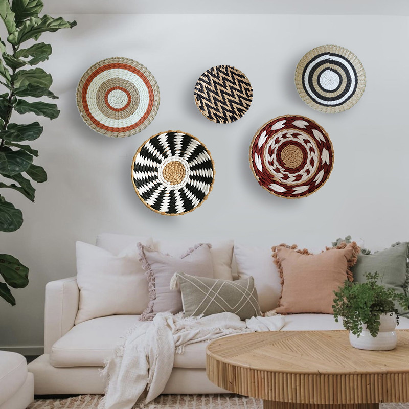 Hanging Woven Wall Basket Unique Handcrafted Round Grass Baskets Boho Farmhouse & Rustic Wall Decor for Living Room or Bedroom