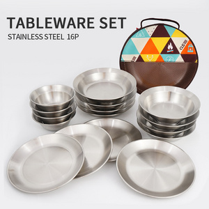 Outdoor stainless steel dinner plate bowl 16pcs set camping self-driving portable barbecue plate home tableware set custom logo