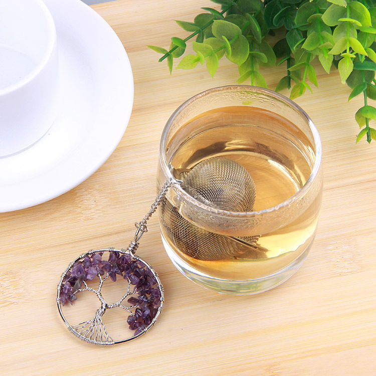 Healing Energy Crystal Tea Infuser Chakra Tree of Life 304 Stainless Steel Ball Mesh Tea Strainer Ball Filter with Extend Chain