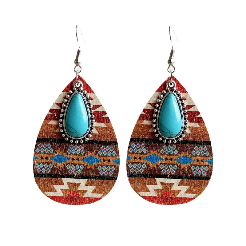 Bohemian Geometric Teardrop Dangle Earrings Wooden Drop Earrings Lightweight Western Turquoise Pendant Earring for Women Girls