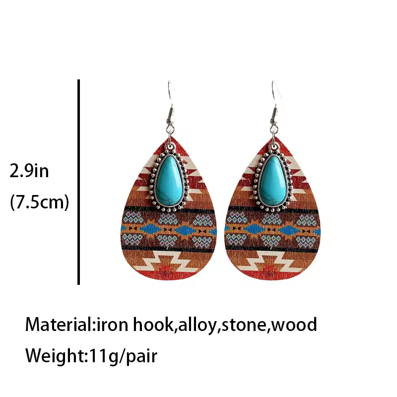 Bohemian Geometric Teardrop Dangle Earrings Wooden Drop Earrings Lightweight Western Turquoise Pendant Earring for Women Girls