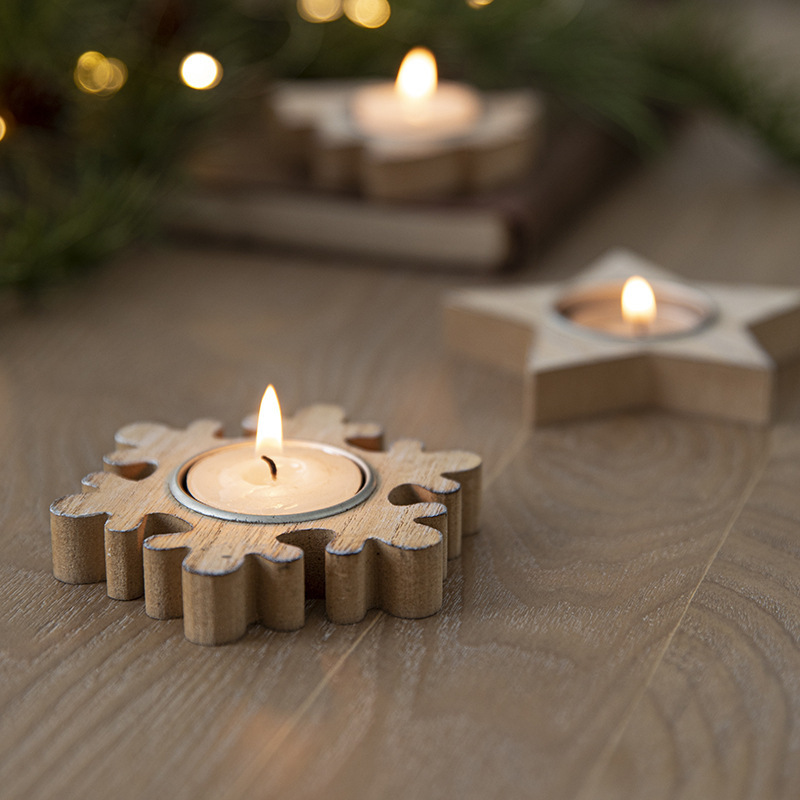 Christmas Wooden Snowflake Candle Holder Xmas Tree Shape Five Pointed Star Candlestick Festive Window Decor Table Centerpiece