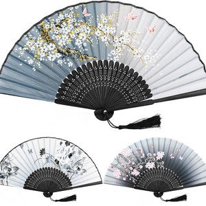 Hand Folding Fan, Abanicos de Mano Chinese Vintage Style Handheld Fan with Fabric Sleeve, Silk Fan with Bamboo Frame and Elegant