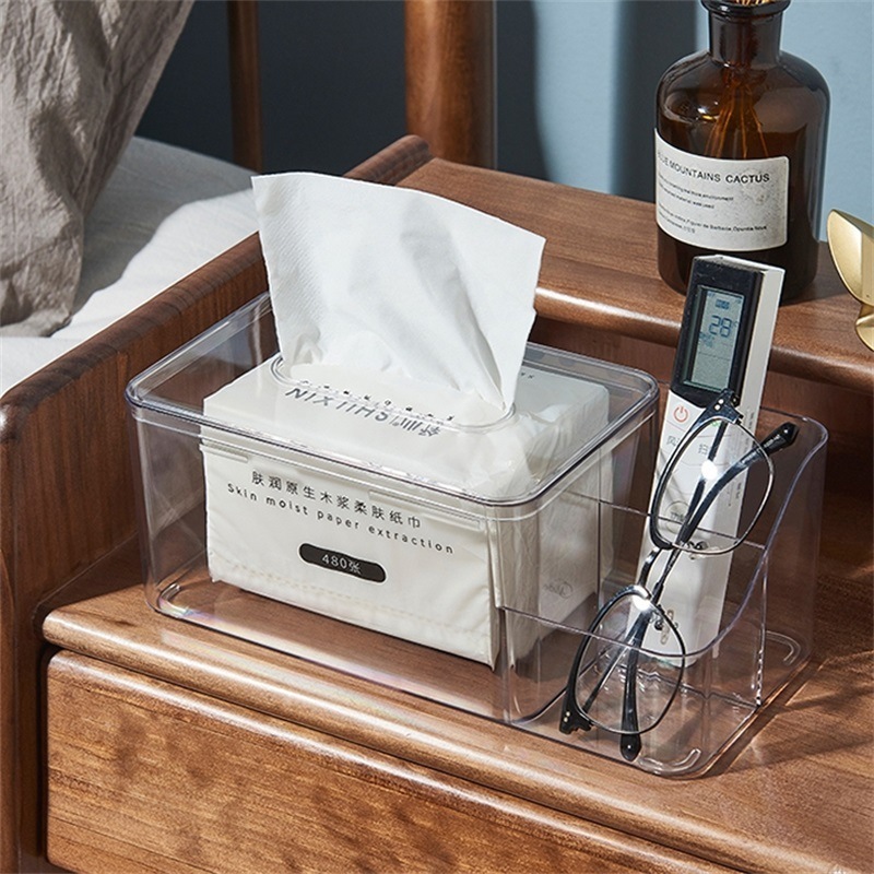 Clear PET Tissue Box with Compartment Rectangular Bathroom Facial Napkin Box Holders Table Clear Dryer Sheet Dispenser