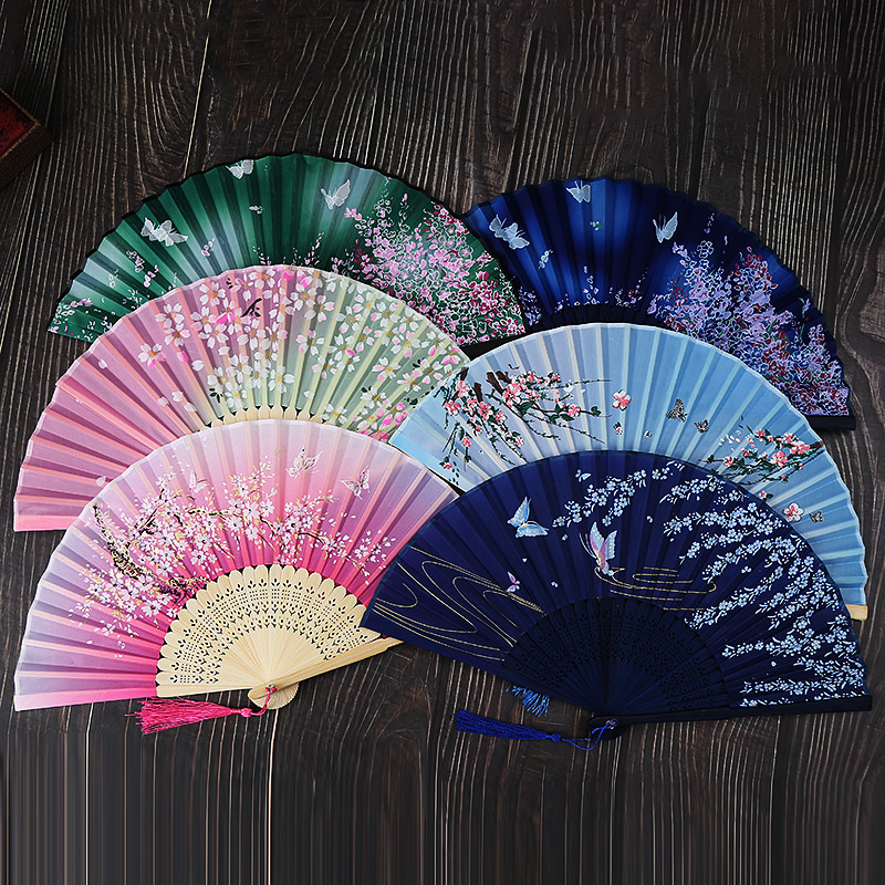 Hand Folding Fan, Abanicos de Mano Chinese Vintage Style Handheld Fan with Fabric Sleeve, Silk Fan with Bamboo Frame and Elegant