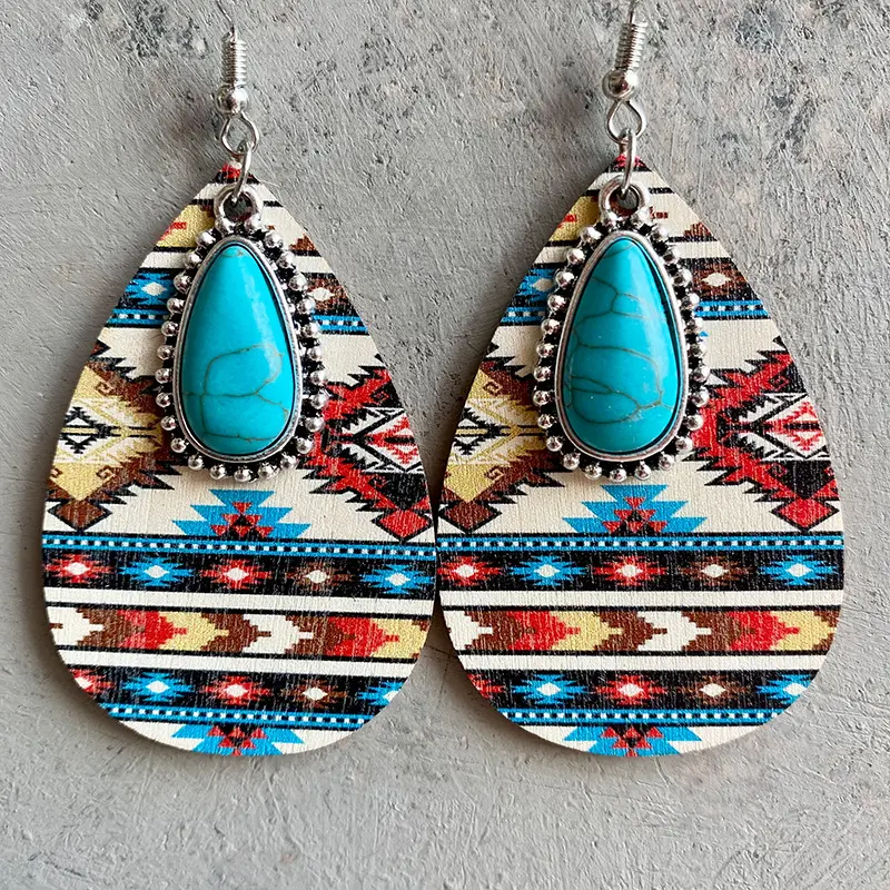 Bohemian Geometric Teardrop Dangle Earrings Wooden Drop Earrings Lightweight Western Turquoise Pendant Earring for Women Girls