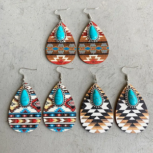 Bohemian Geometric Teardrop Dangle Earrings Wooden Drop Earrings Lightweight Western Turquoise Pendant Earring for Women Girls