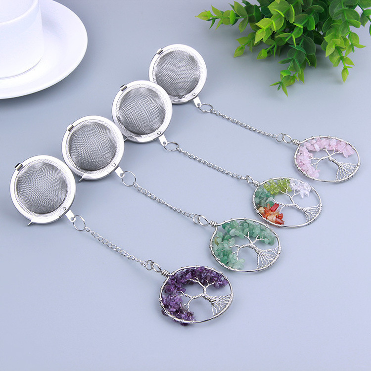 Healing Energy Crystal Tea Infuser Chakra Tree of Life 304 Stainless Steel Ball Mesh Tea Strainer Ball Filter with Extend Chain