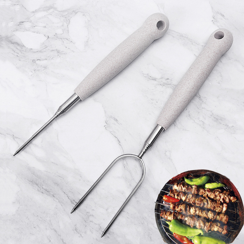 Stretchable BBQ Campfire Tools Steel Roast Meat Holders Fork Wheat Straw Handle Stainless Steel Skewers