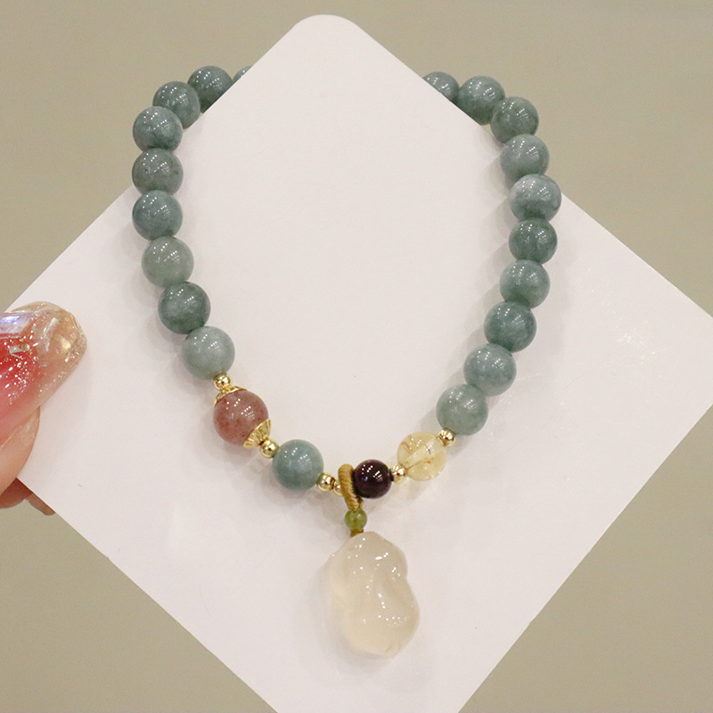 Chinese Natural Green Jade Bracelets Good Luck 6mm Jadeite Round Beaded Jewelry with Elastic Peach Heart Women Bracelet