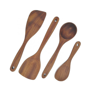 Wooden kitchen cooking utensils set with long handle wide spatula spoon tools kitchen gadgets 4 pcs