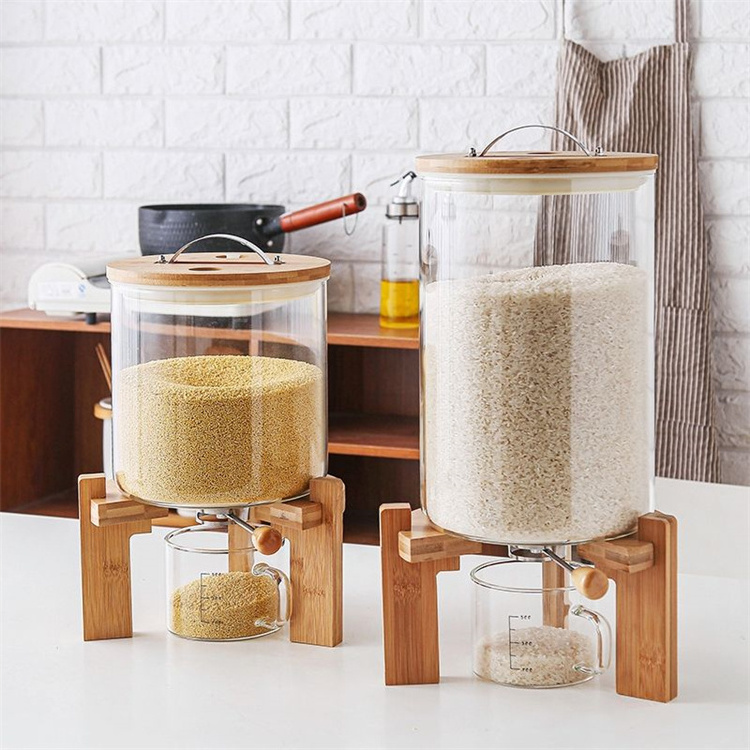 5 L 8L Flour And Cereal Container Rice Dispenser With Bamboo Stand Measuring Cup