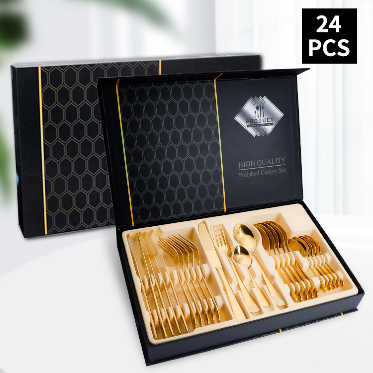 Bambus Fork Spoon Knife Home Dinnerware Flatware 24Pcs Stainless Steel Cutlery Set With Gift Box