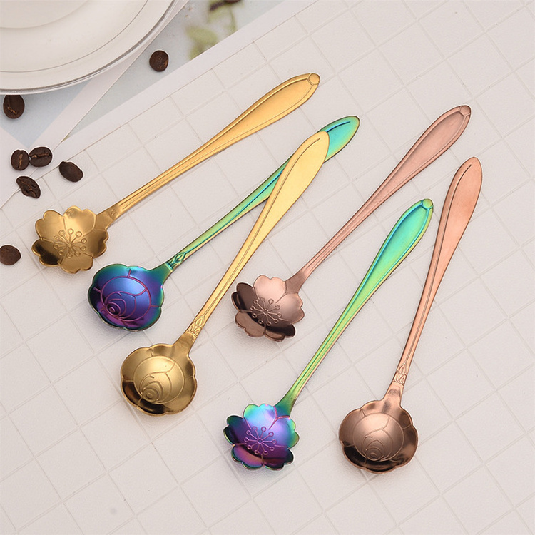 Bambus Stainless Steel Gold Silver Black Cute Mini Stirring Flower Fancy Coffee Tea Dessert Spoon For Coffee