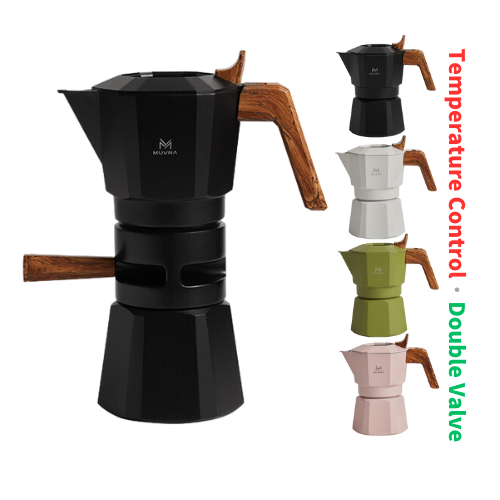 BAMBUS Classic Italian Coffee Maker Aluminum Temperature Controlled Double Valves Stovetop Induction Moka Pot