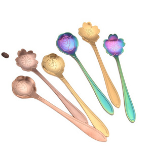 Bambus Stainless Steel Gold Silver Black Cute Mini Stirring Flower Fancy Coffee Tea Dessert Spoon For Coffee