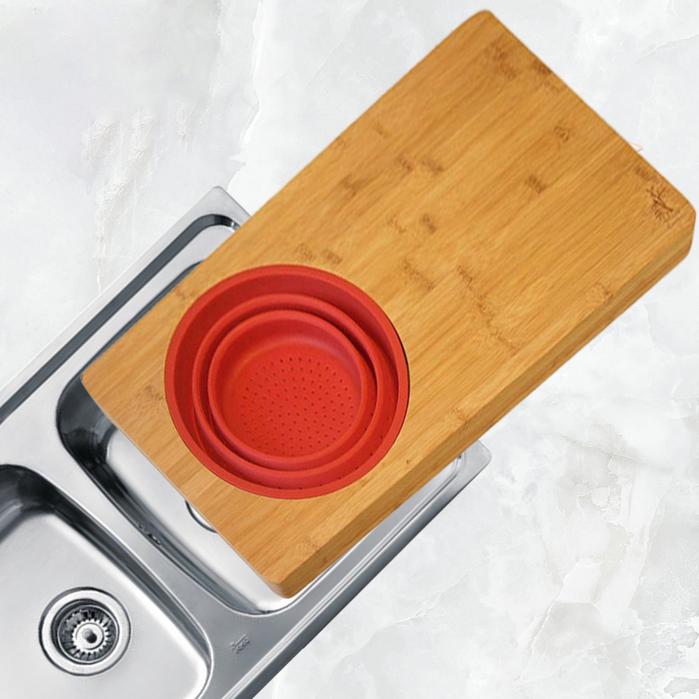 Good Price Bamboo Cutting Board With Collapsible Silicone Colander and Phone Slot Over Sink For Kitchen Meal Prep Deck For Food