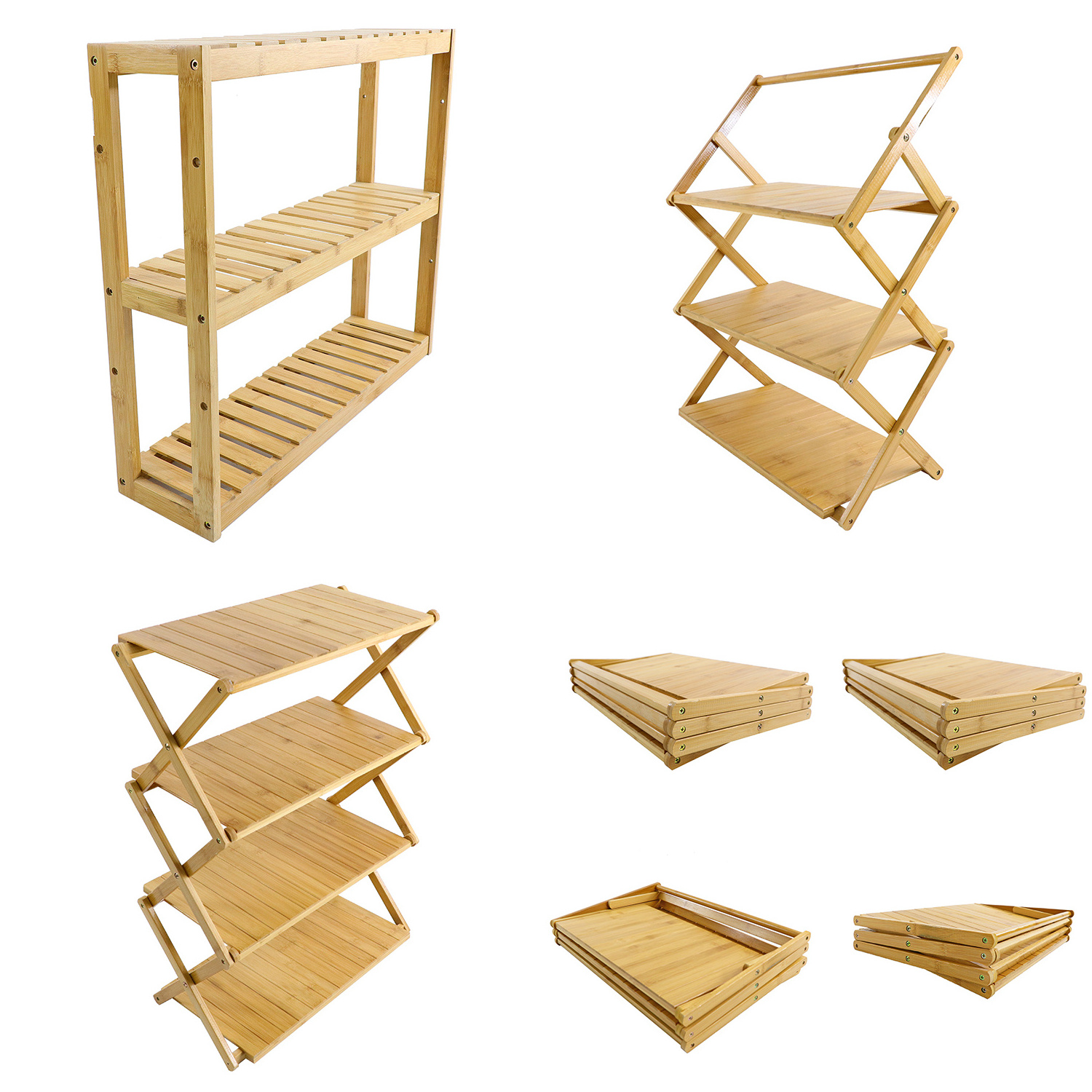 Wholesale  Portable Foldable Camping Shelf Wood Outdoor Picnic Rack Custom Bamboo Folding 3 Tier Shoe Rack Organizer with Handle