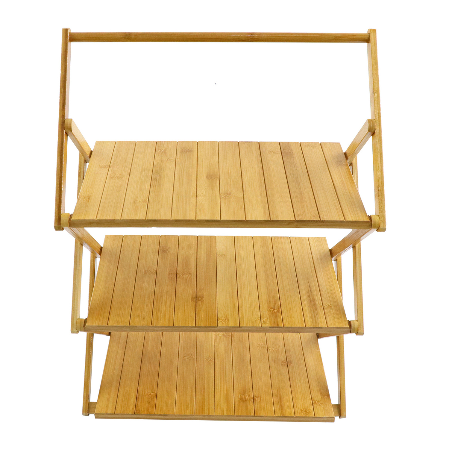 Wholesale  Portable Foldable Camping Shelf Wood Outdoor Picnic Rack Custom Bamboo Folding 3 Tier Shoe Rack Organizer with Handle