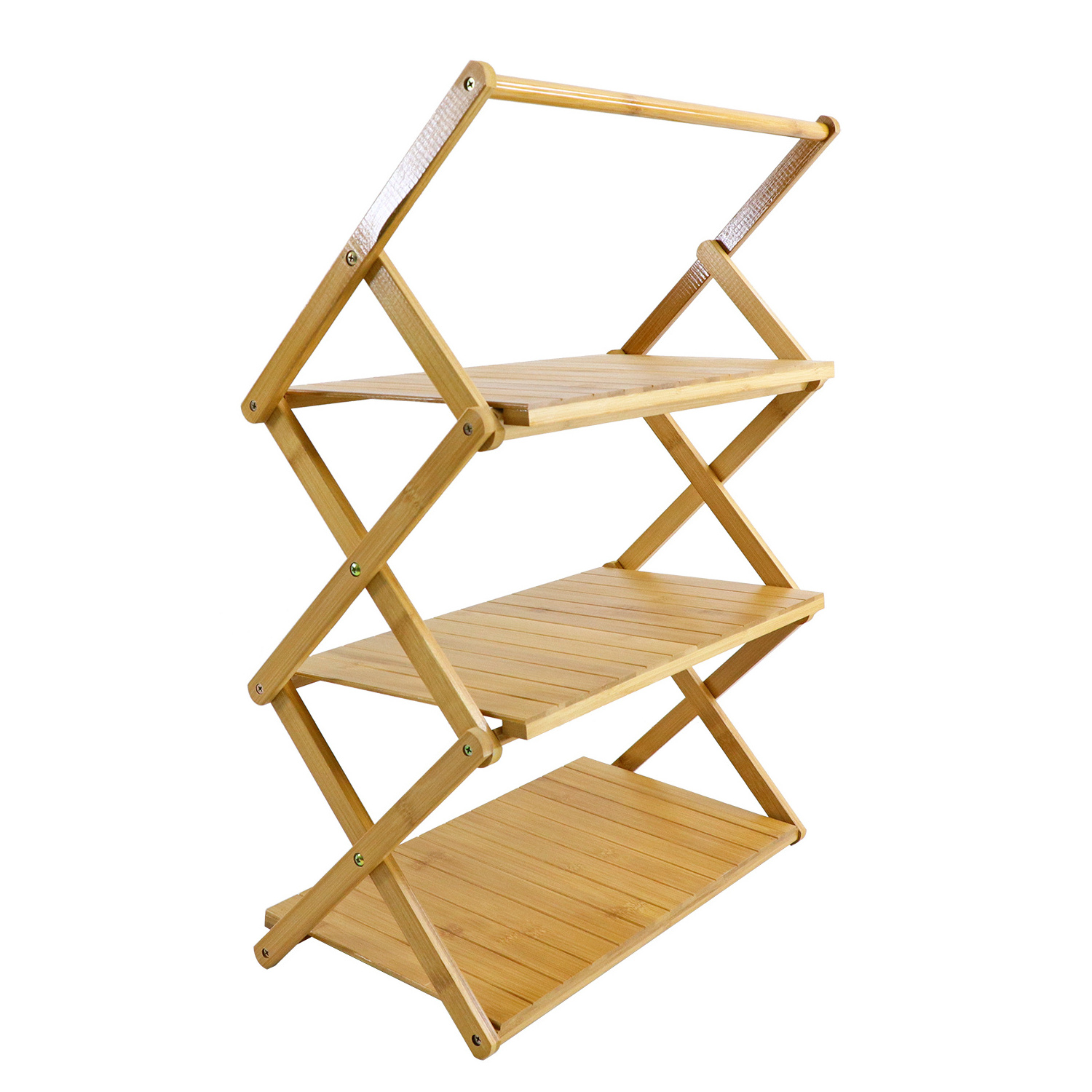 Wholesale  Portable Foldable Camping Shelf Wood Outdoor Picnic Rack Custom Bamboo Folding 3 Tier Shoe Rack Organizer with Handle