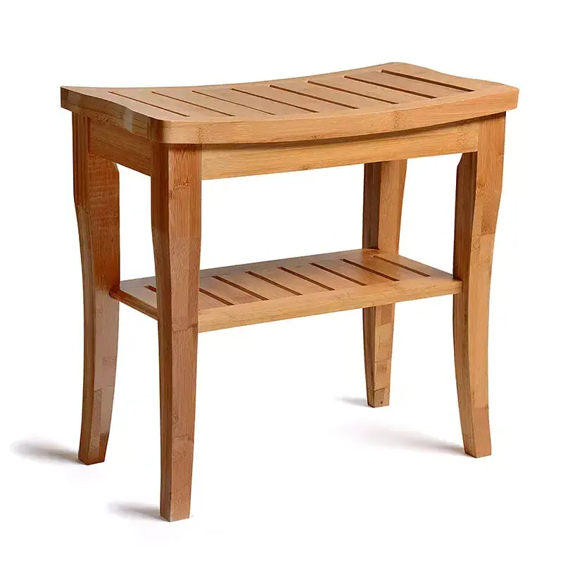 Wholesale high quality 2-Tier Seat Bamboo Wood Shower Bench Spa Stool Foot Rest with Non-Slip Feet Bathroom wooden bench