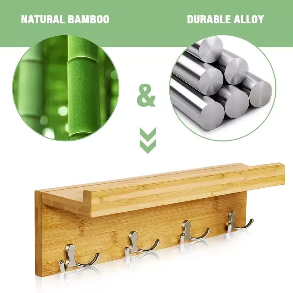 Entryway Bathroom Living Room Kitchen Natural Color Bamboo Wall Shelf Hanging Coat Rack Shelf  With 4 Alloy Dual Hooks