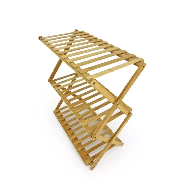 wholesale multi functional 3 tiers portable foldable  bamboo picnic outdoor camping storage shelf