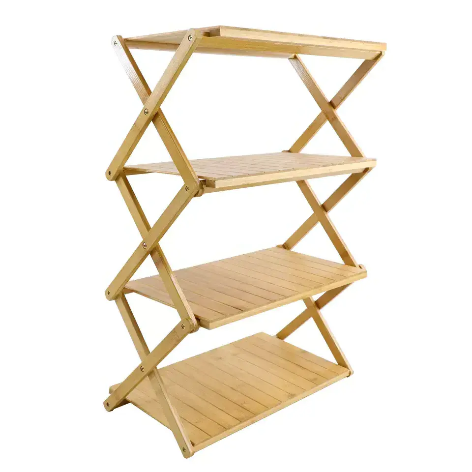 Natural Bamboo Wooden Rack Custom Bamboo Foldable 4 Tier Shoe Rack For Home Decoration