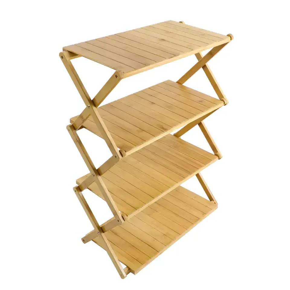 Natural Bamboo Wooden Rack Custom Bamboo Foldable 4 Tier Shoe Rack For Home Decoration