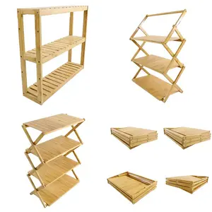 Natural Bamboo Wooden Rack Custom Bamboo Foldable 4 Tier Shoe Rack For Home Decoration