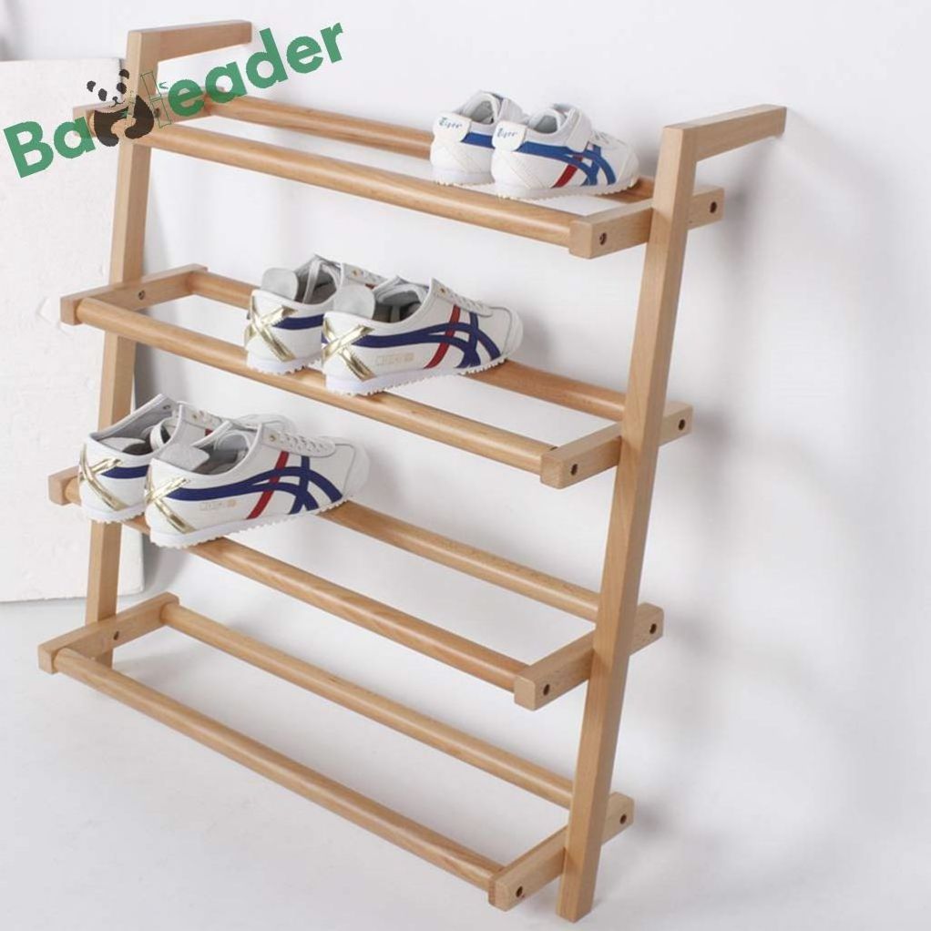 Entryway Bamboo Space Saving 20-Pairs Storage Organizer Shoe Rack Wall-mounted Wood Bamboo 4 Layers Shoe Storage Organizer Rack