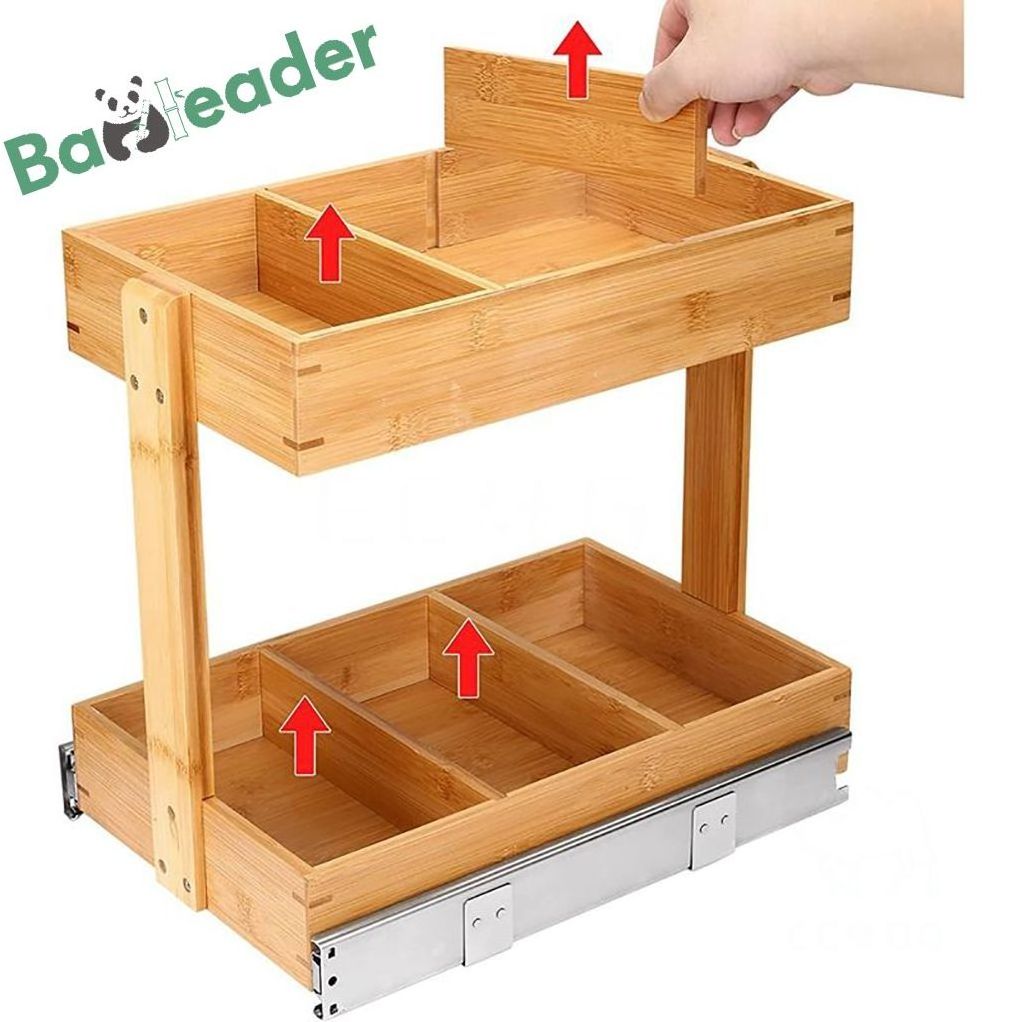 Bamboo Pull-Out Storage Organizer for Under Sink or Cabinet 2 Tier Slide Out Wood Storage Drawer Organization