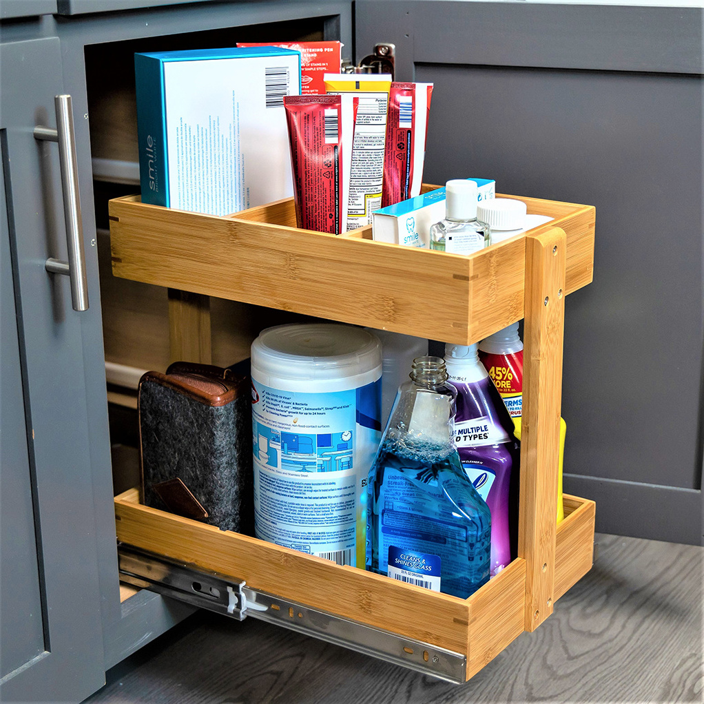 Bamboo Pull-Out Storage Organizer for Under Sink or Cabinet 2 Tier Slide Out Wood Storage Drawer Organization