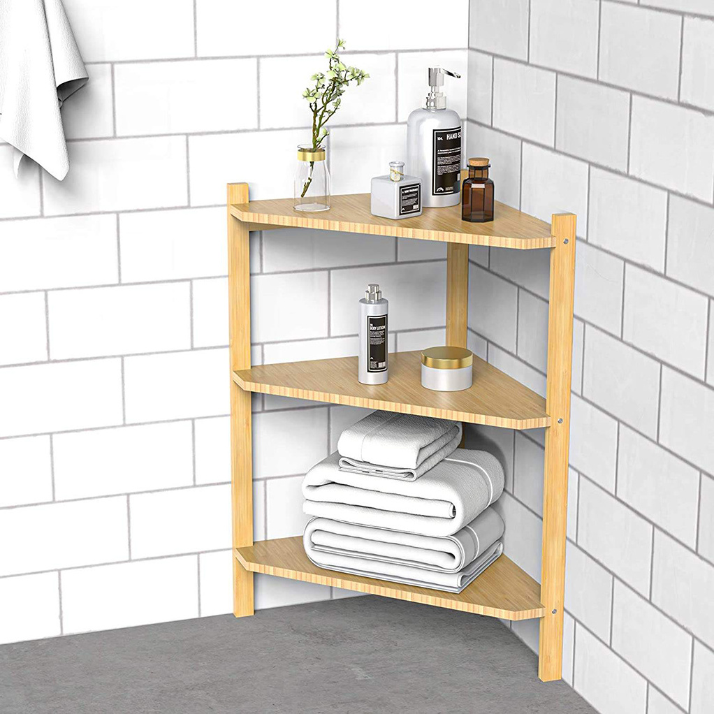 New Products 3 Tier Shower Corner Shelves Free Stand Storage Shelf Small Corner Shelf Bamboo Countertop Organizer Rack