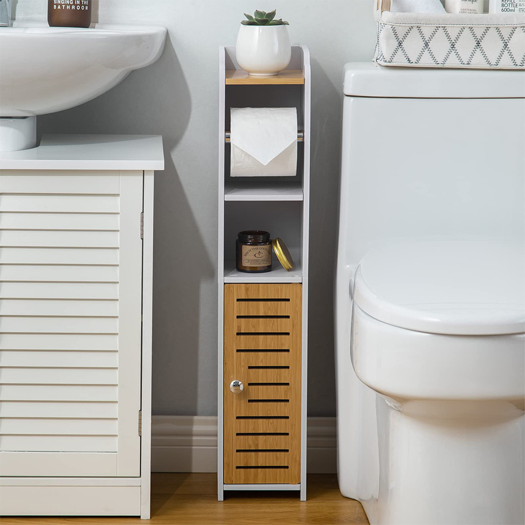 Hot Sales Stand Small Bathroom Storage Corner Floor Cabinet with Doors and Shelves Bamboo Toilet Paper Holder