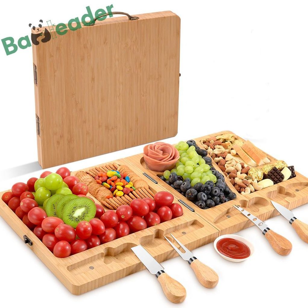 Foldable Bamboo Charcuterie Board Set with Stainless Steel Utensils Multi-functional Kitchen Bamboo Cheese Board and Knife Set