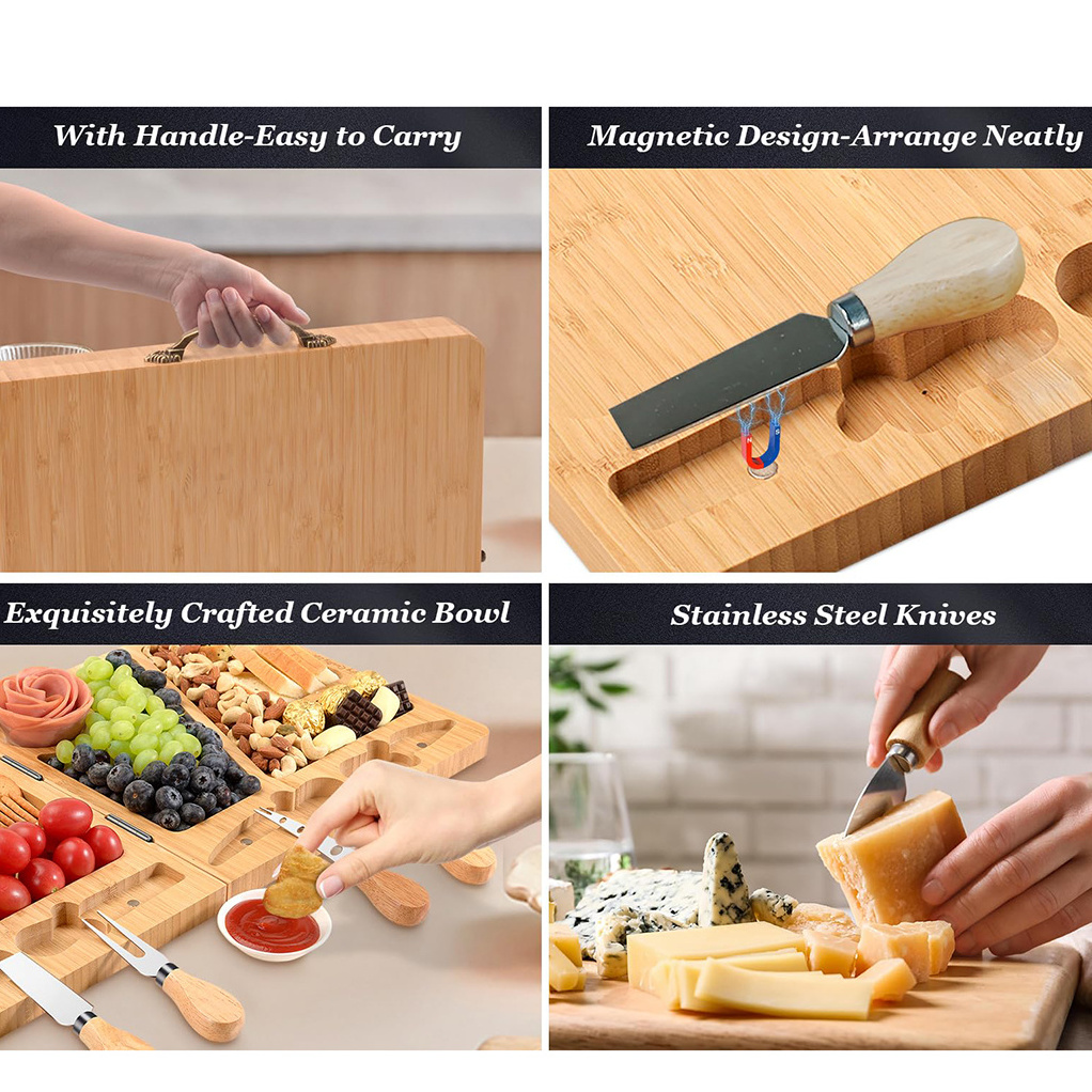 Foldable Bamboo Charcuterie Board Set with Stainless Steel Utensils Multi-functional Kitchen Bamboo Cheese Board and Knife Set