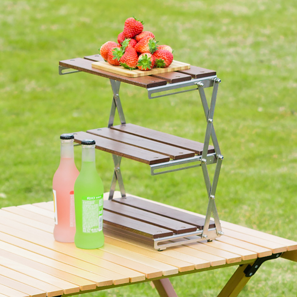 Wood Table Shelf for Outdoor Camping Picnic Beach BBQ 3-Tier Bamboo Metal Collapsible Portable Camping Picnic Storage Rack