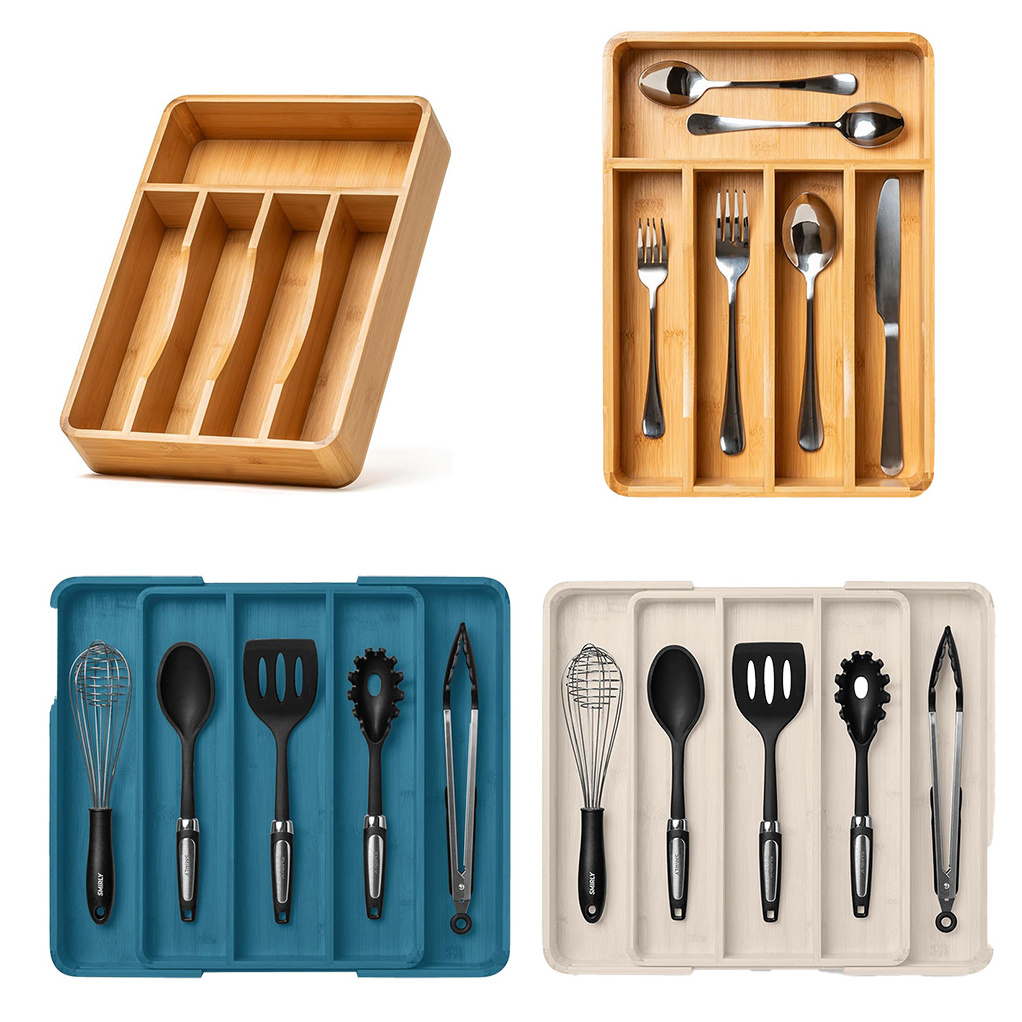 Multifunctional Custom Kitchen Expandable Wooden Silverware Cutlery Utensil Organizer Dividers Bamboo Drawer Organizer