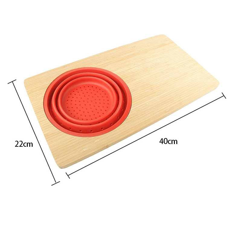 Good Price Bamboo Cutting Board With Collapsible Silicone Colander and Phone Slot Over Sink For Kitchen Meal Prep Deck For Food