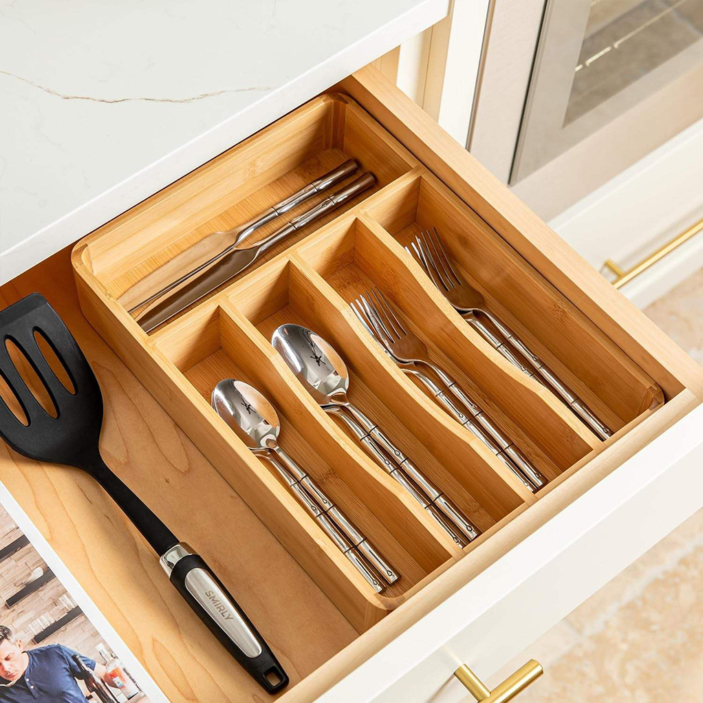 Multifunctional Custom Kitchen Expandable Wooden Silverware Cutlery Utensil Organizer Dividers Bamboo Drawer Organizer