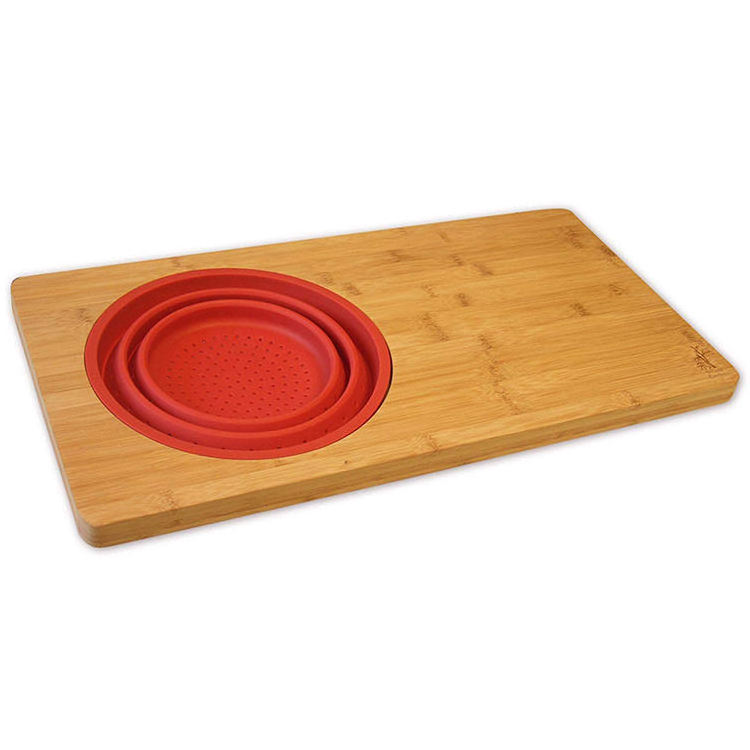 Good Price Bamboo Cutting Board With Collapsible Silicone Colander and Phone Slot Over Sink For Kitchen Meal Prep Deck For Food