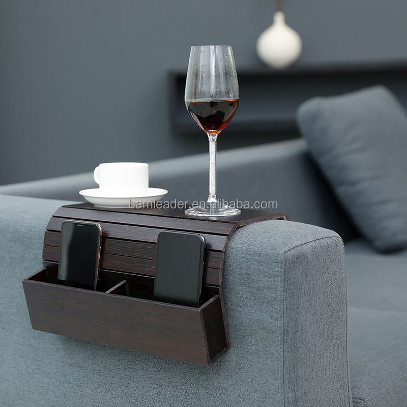 Customizable Logos Bamboo SofaTray Table Remote Armrest Table with Sofa Cup Holder Bamboo Sofa Arm Tray With Mobile Phone Holder