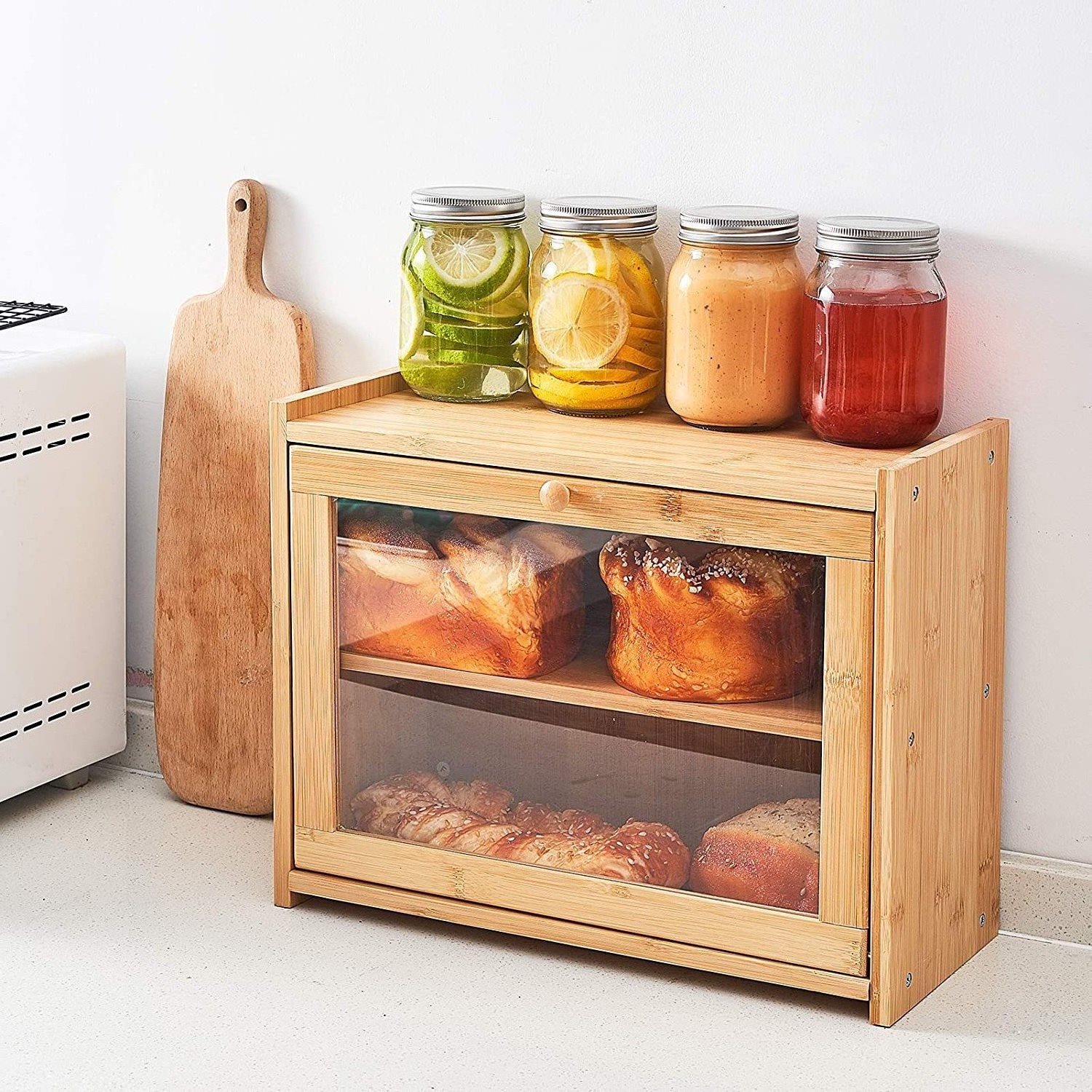 ODM Wholesale Large Capacity Bamboo Bread Bin Bread Box With Acrylic Lid  Bread Box Bin Storage Container with Door for Kitchen